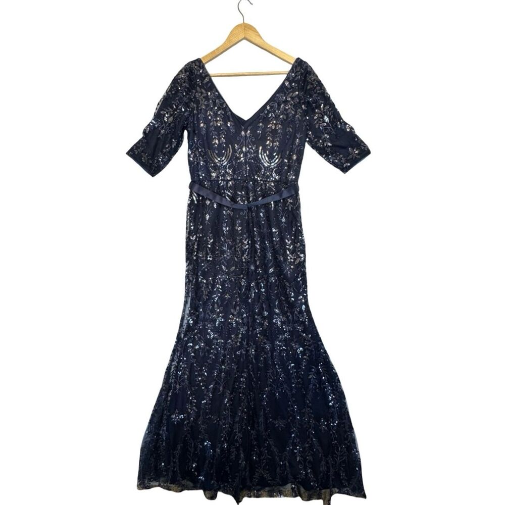 OLEG CASSINI Blue Beaded Sequin Lace Formal Dress Size 10 New With Tags - Picture 8 of 13